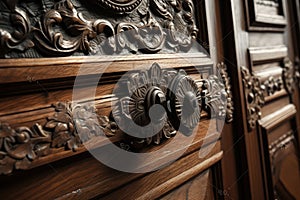 elegant door handle, with intricate details and finishing touches, on grand wooden door