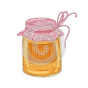 Elegant drawing of glass jar of delicious organic honey isolated on white background. Sweet healthy product, tasty