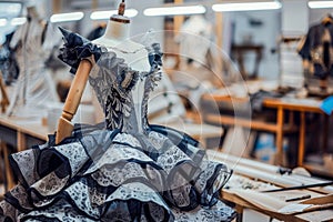 Elegant dress on mannequin in fashion atelier