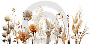 Elegant Dried Flowers Arrangement on Clean White Background, Botanical Aesthetic for Home Decor, Events, and Crafts