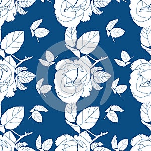 Elegant and dynamic stylized white roses on blue background seamless pattern.