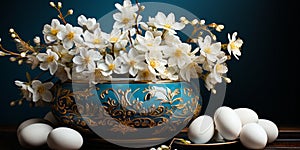 Elegant Easter arrangement with white eggs golden bowl on blue background adorned with delicate spring flowers