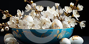 Elegant Easter arrangement with white eggs golden bowl on blue background adorned with delicate spring flowers