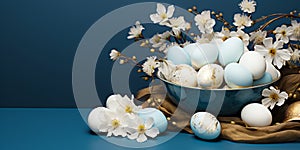 Elegant Easter arrangement with white eggs golden bowl on blue background adorned with delicate spring flowers