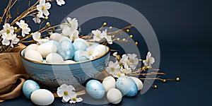 Elegant Easter arrangement with white eggs golden bowl on blue background adorned with delicate spring flowers