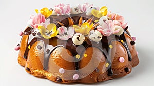 Elegant Easter Babovka Cake with Floral Decorations and Chocolate Glaze.