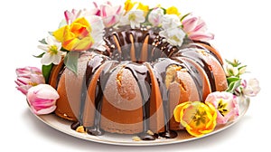 Elegant Easter Babovka Cake with Floral Decorations and Chocolate Glaze.