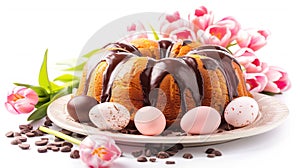Elegant Easter Babovka Cake with Pink Tulips and Chocolate Glaze.