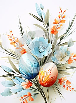 Elegant Easter Composition with Painted Eggs and Floral Accents