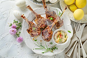 Elegant Easter Dinner with Grilled Lamb Chops and Mashed Potatoes.