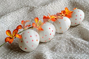 Elegant Easter Eggs with Orange Flowers Decor Stock Photo photo