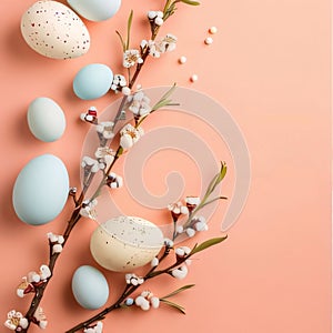 Elegant Easter Eggs and Spring Blossoms on Pastel Background