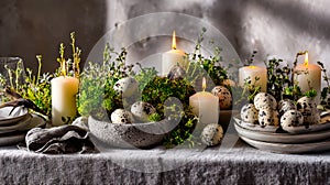 Elegant Easter setup with speckled eggs, greenery, and candles on a rustic table