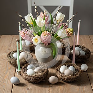 Elegant Easter Table Setting with Flowers and Eggs
