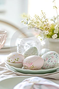 Elegant Easter table setting with pastel eggs and flowers, AI Generated.