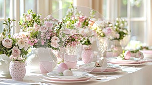 Elegant Easter Table Setting with Pastel Pink Flowers and Eggs