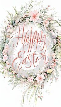 Elegant Easter Wreath with Pastel Flowers, Greenery, and Easter Phrase.