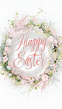 Elegant Easter Wreath with Pastel Flowers, Greenery, and Easter Phrase.