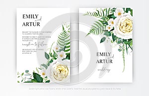 Elegant editable vector watercolor floral wedding invite card template design. Yellow roses, white camellia flowers, greenery fern