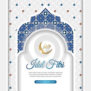 Elegant Eid al fitr Greeting card, White, blue and Golden with Decorative Islamic Arch vector