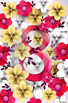 elegant eight number womens day 8 march holiday celebration banner flyer or greeting card with flowers