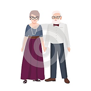 Elegant elderly couple. Pair of old man and woman dressed in formal clothes standing together. Grandfather and