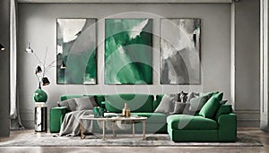 Elegant Emerald Green and Grey Living Space Decor with Abstract Artistry on the Wall