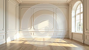Elegant empty room with sunlight streaming through arch window and classic wall paneling. Generative AI