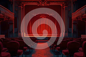 Elegant empty theater interior with red curtain and seats, ready for audience. classic design stage. entertainment venue