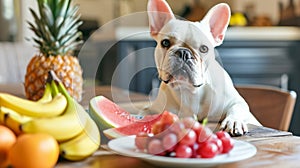 The Elegant Encounter: A White French Bulldog Dines with Delightful Fruits at an Enchanting Table -