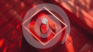 Romantic engagement ring in a red velvet box, warm light setting the mood for love and proposal. luxurious gift for