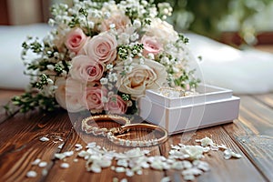 Elegant ensemble wedding accessories on a wooden floor