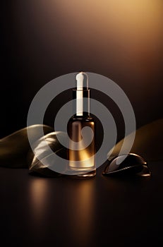 Elegant essential oil bottle on dark background