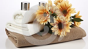 Elegant Essentials. Soft Towels Paired with Blooms and Dispenser. Generative AI