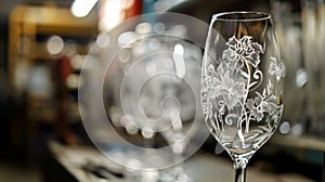 Elegant Etched Wine Glass in Focus at Artisan Workshop photo