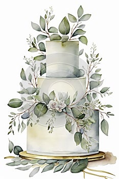 Elegant Eucalyptus Decorated Wedding Cake on White Background. Perfect for Invitations and Scrapbooking.