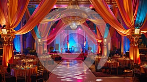 Elegant Evening Banquet in Grand Ballroom With Vibrant Decor