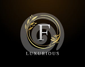 Elegant F Letter Floral Design. Circle Luxury F Gold Logo Icon