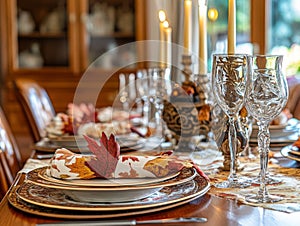 Elegant Fall Table Setting with Candles, Glasses, and Leaf-Themed Napkin
