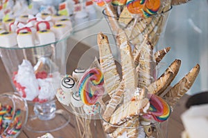 Elegant fancy modern vintage simple tasty sweet table at an upscale wedding