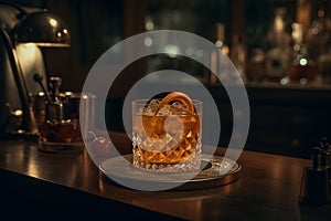 elegant fancy old fashioned orange cocktail in a bar, close up of a drink, blurred bar lights background, generative AI