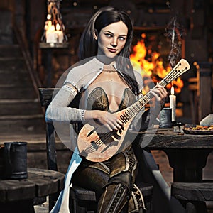 Elegant fantasy female bard plays a song in a medieval tavern with her favorite lute instrument.