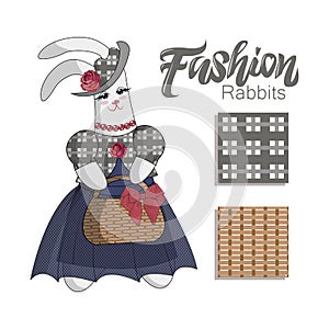 Elegant Fashion bunny rabit in blue dress on a white background. Hand lettering. Set of seamless patterns