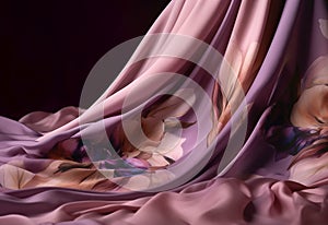 Elegant fashion flying satin silk cloth design for product display. Purple colored cloth piece of fabric on black background.