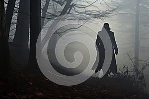 Elegant fashion guy vampire walking through foggy forest at night. Generative AI