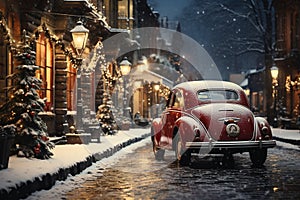 Elegant Fashion Model in Vintage Style on an Urban Street with Festive Lights. AI generation