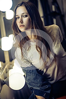 Elegant, fashion, vogue concept. Freckles brunette woman posing