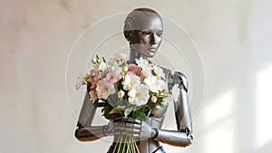 Elegant Female Android Holding Fresh Flower Arrangement In Soft Studio Light