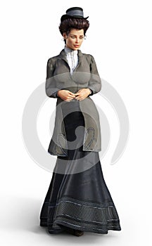 Elegant female dressed in traditional timeless Victorian attire on an isolated white background.