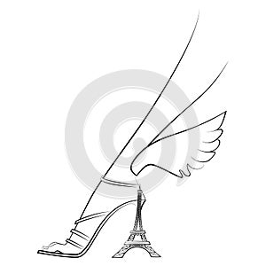 Elegant female foot in shoes with wings and a heel in the form of the Eiffel Tower. Paris. Line graphics. Vector illustration.
